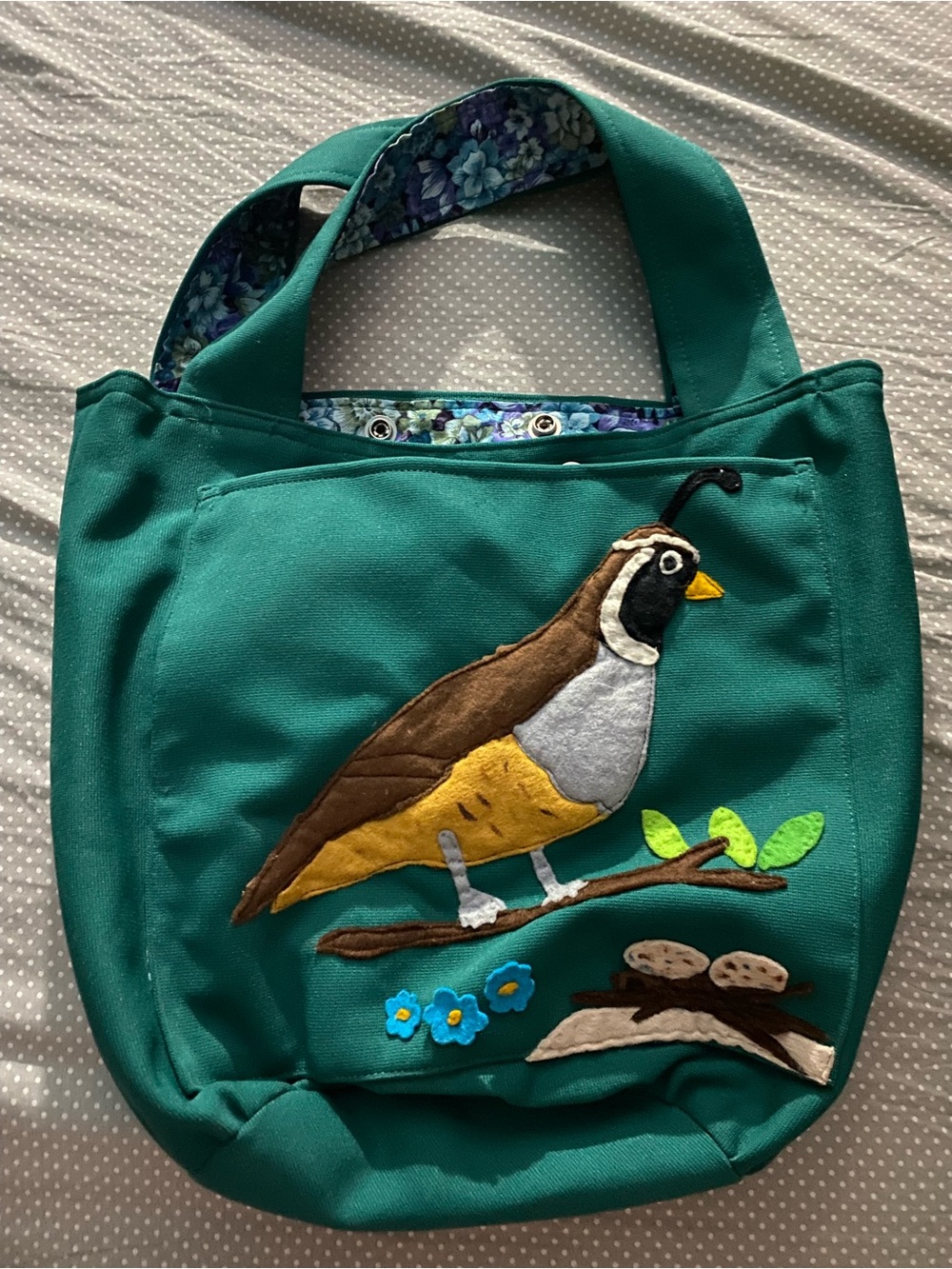 Teal Bird Appliqué Tote Bag - Quilted Fabric Shoulder Bag